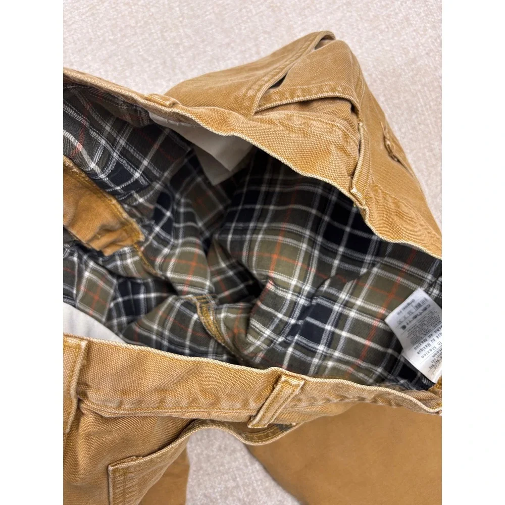 Carhartt B111 BRN Mens 36x30 Flannel Lined Duck Canvas Work Pants Brown Plaid